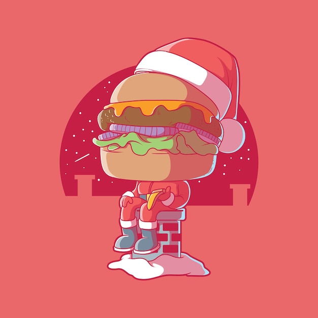 Santa burger isst pizza auf einem schornstein vektor-illustration essen lustiges urlaubsdesign konzept