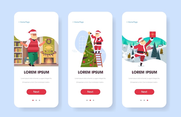 Santa claus karten webseiten frohe weihnachten feiertagsfeier mobile app bildschirm setillustration