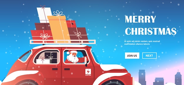 Santa claus liefert geschenke auf rotem auto frohe weihnachten frohes neues jahr feiertagsfeier konzept winter stadtbild hintergrund horizontale kopie raum vektor-illustration