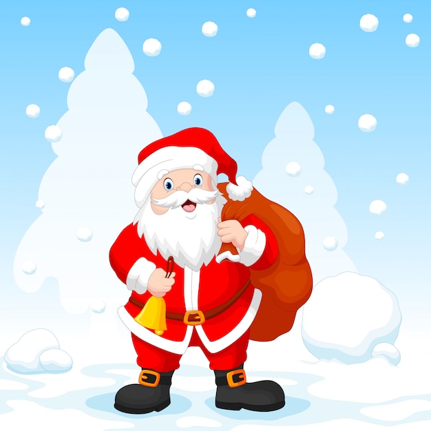 Santa claus mit einer tasche und einer glocke mit schneefallhintergrund