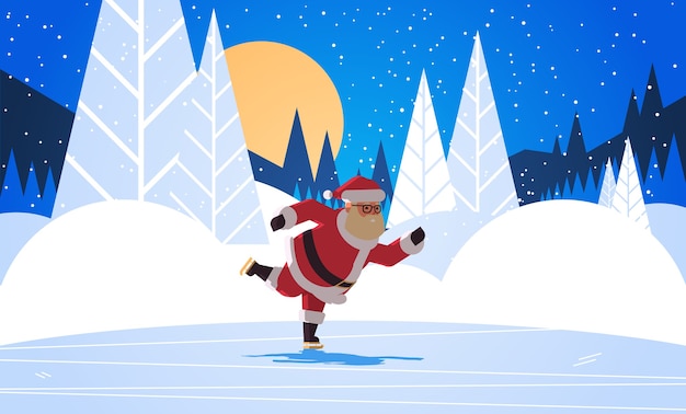 Santa claus skating frohe weihnachten winterferien konzept nacht wald vollmond landschaft grußkarte in voller länge horizontale vektor-illustration