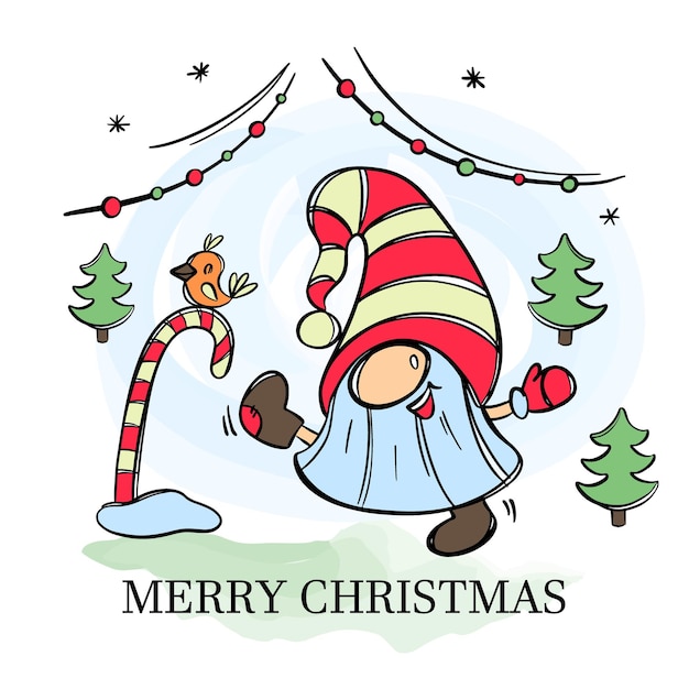 Santa kommt 2022 fröhlicher bärtiger gnom in filzstiefeln und vogel auf lutscher neujahr frohe weihnachten cartoon handgezeichnete vektor-illustration-set für den druck