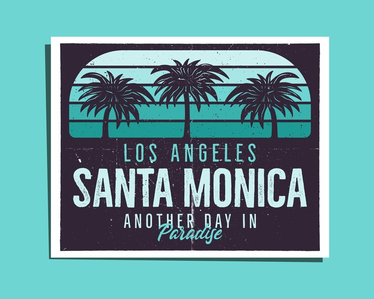 Santa Monica Strand-Vorlage. Vintage Los Angeles handgezeichnetes Emblem im Stil der 90er Jahre.