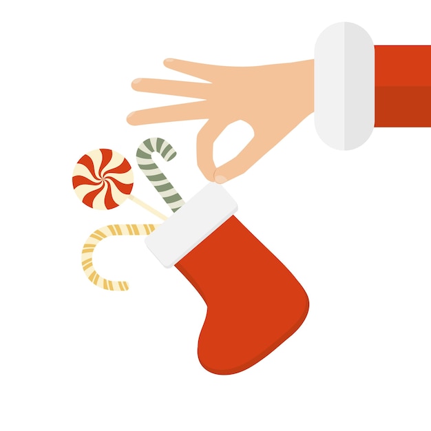 Santa's Hand und Weihnachtssocke mit Süßigkeiten auf weißem Hintergrund. Illustration im flachen Cartoon-Stil für Urlaubsdesign, Karten, Einladungen, Poster, Postkarten und Banner.