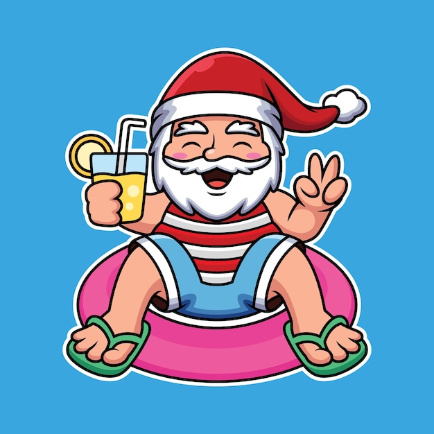Santa schwimmt mit ballon und hält saft cartoon icon illustration