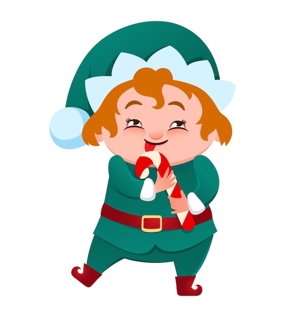 Santas elf helfer hält eine weihnachtssüßigkeit vektor-illustration im cartoon-stil isoliert o