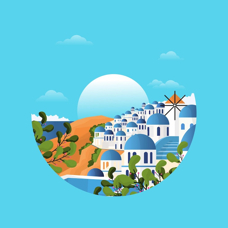Vektor santorini griechenland ägäis-ansicht-ferien-reise-tour-kreis-emblem