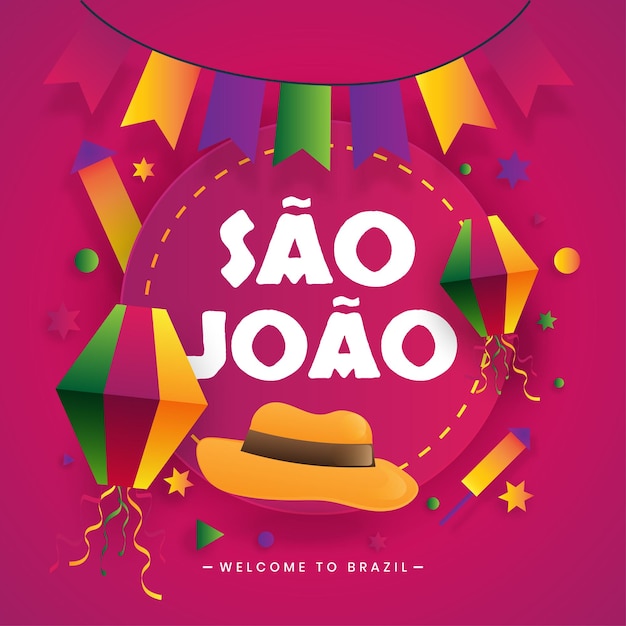 Sao Joao Brasilien festa junina juni Kulturfestival feiern Partyhut Feuerwerk Laternenvektor