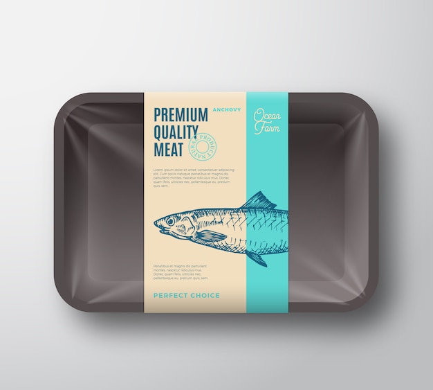 Sardelle in premiumqualität. abstrakte vektor-fisch-plastikschale mit zellophan-abdeckungsverpackungs-design-etikett.