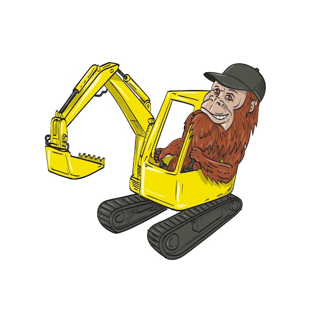 Vektor sasquatch, bigfoot, tragen, bedienen, mechanisch, bagger, bagger, karikatur, zeichnung, farbe