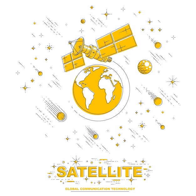 Satellit umkreist die erde, raumfahrt, raumstation für kommunikationsraumfahrzeuge mit sonnenkollektoren und satellitenantennenplatte, unter meteorregen und sternen. vektor.