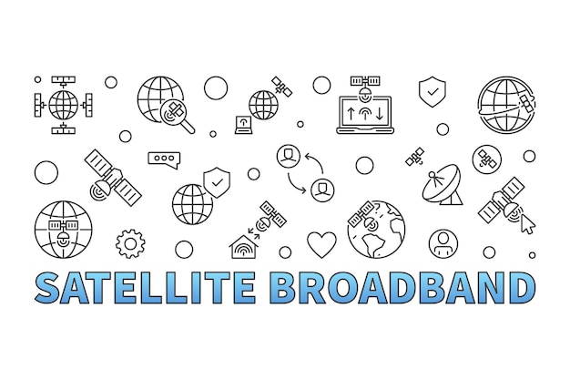 Satellitenbreitband-vektor dünne linie modernes horizontales banner - internet-technologie konzept umriss-illustration