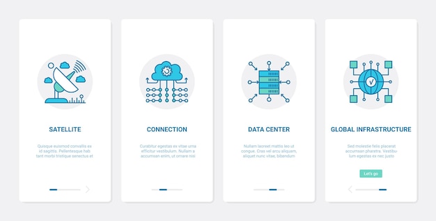 Satellitenverbindung Cloud-Infrastruktur ux ui Onboarding mobiler App-Seitenbildschirmsatz