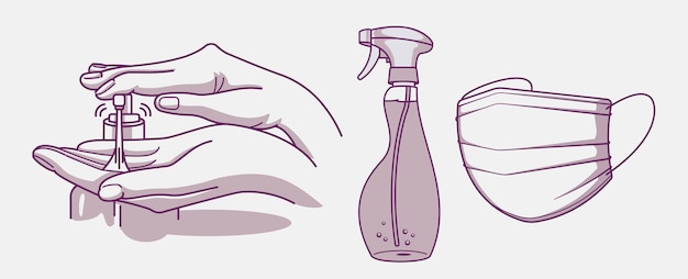Satz abbildungen für hygiene und infektionsprävention. hand, desinfektionsmittel und medizinische maske waschen