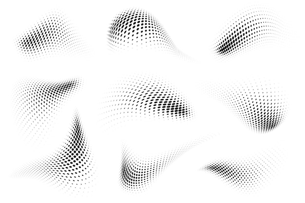 Satz abstrakter, geschwungener, flüssiger Formen mit halbtongepunkteter Textur auf weißem Hintergrund