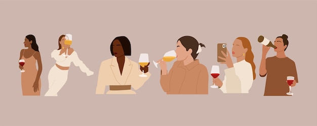 Satz abstrakter internationaler Frauen mit Wein.