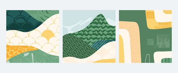 Satz abstrakter landschaftsvektor-social-media-hintergrundillustration. landschaft mit textur. bündel dekorativer öko-karten. natur, ökologie, bio, umweltpostkarte, plakatgestaltung