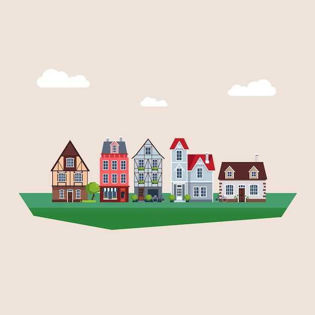 Satz alter mittelalterlicher Häuser der traditionellen Architektur. Vektorillustration