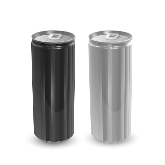 Satz Aluminiumdosen in den Farben Schwarz und Silber, isoliert.