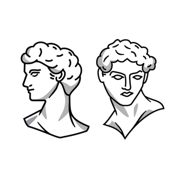 Vektor satz antiker griechischer statuen illustration griechenland götter kopf skulptur kunstvektor im linienkunststil