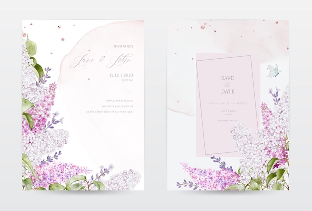 Vektor satz aquarell-einladungskarten mit lila blumen und schmetterlingen. sammlung botanischer aquarelle in pastellrosa tönen, vektor, perfekt für eine hochzeitskarte, save the date oder eine grußkarte