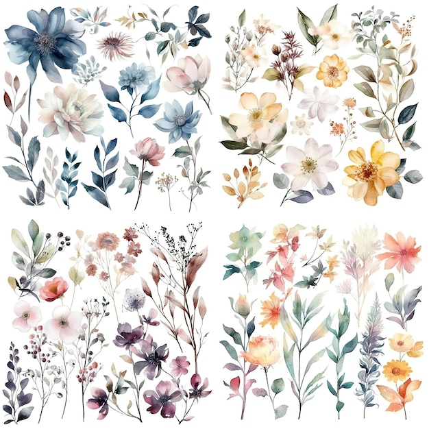 Satz Aquarellblumen Blätter und Zweige auf einem weißen Hintergrund generative ai