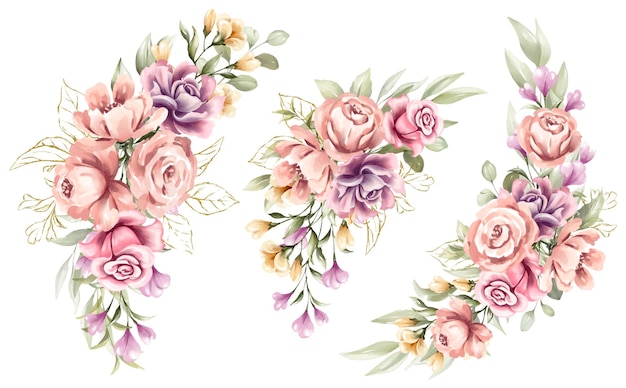 Satz aquarellblumenrahmensträuße aus rose und pfingstrose