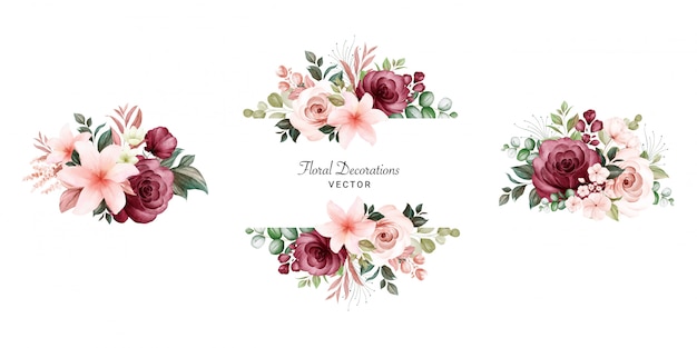 Satz aquarellblumenrahmensträuße von pfirsich- und burgunderrosen und -blättern.