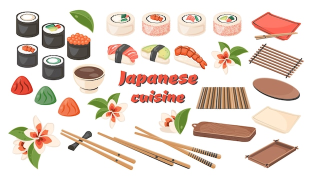 Vektor satz asiatischer traditioneller lebensmittel isoliert japanische rollen sushi maki mit fisch garnelen meeresfrüchte nationalgericht nahaufnahme mit essstäbchen holztablett kochkonzept flache vektorillustration für das menü