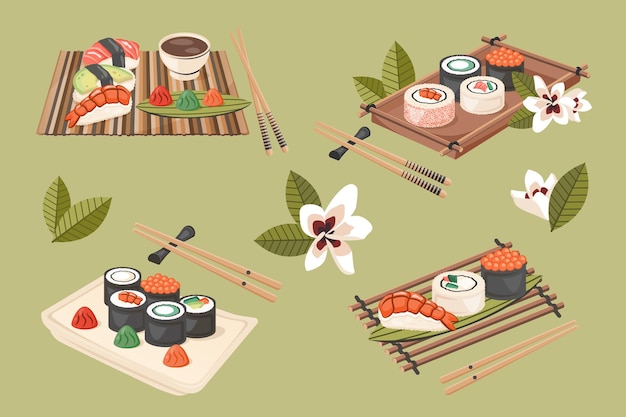 Vektor satz asiatischer traditioneller speisen isoliert japanisches nigiri-sushi-maki mit fisch, garnelen, meeresfrüchten, nationalgericht in nahaufnahme mit stäbchen, holztablett, kochkonzept, flache vektorillustration für die speisekarte