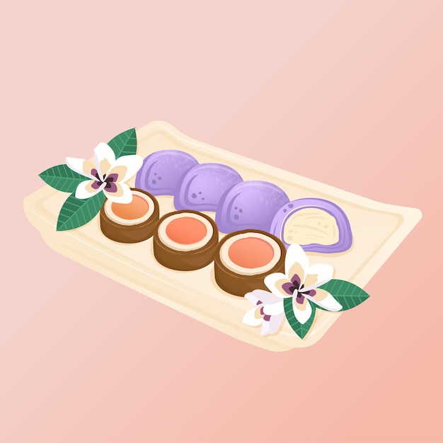 Vektor satz asiatisches dessert chinesische reiskekse und japanische mochi mit sakura-blüten vektor