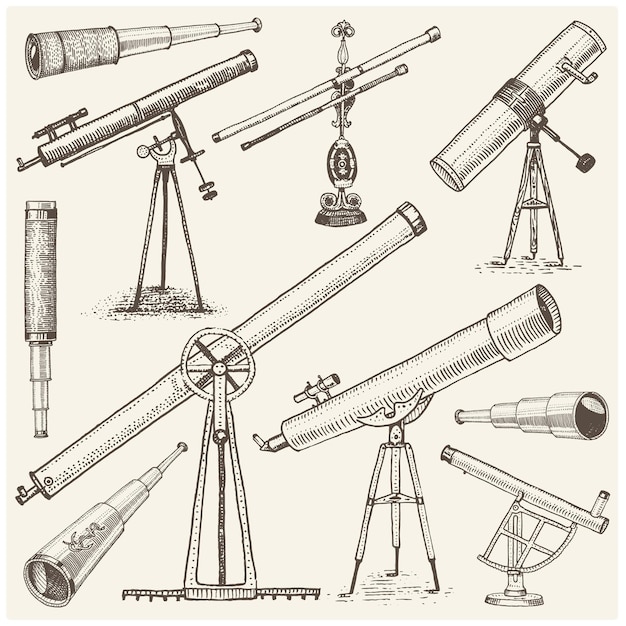 Vektor satz astronomischer instrumente, teleskope, okulare und ferngläser, quadranten-sextant, eingraviert in alte skizzenbrillen im handgezeichneten oder holzgeschnittenen stil