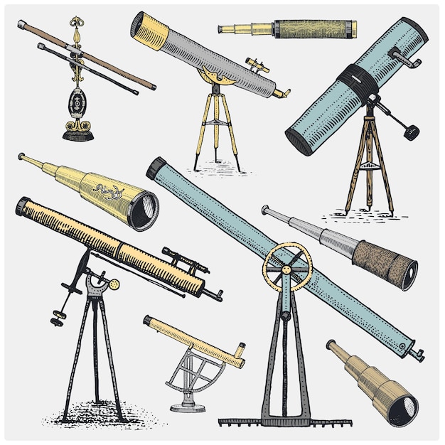 Satz astronomischer instrumente, teleskope, okulare und ferngläser, quadranten-sextant, eingraviert in alte skizzenbrillen im handgezeichneten oder holzgeschnittenen stil