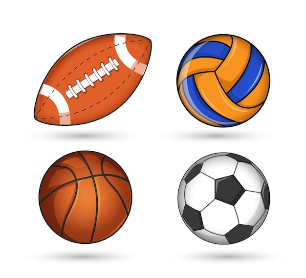 Satz Bälle aus Fußball, Volleyball, Rugby und Basketball