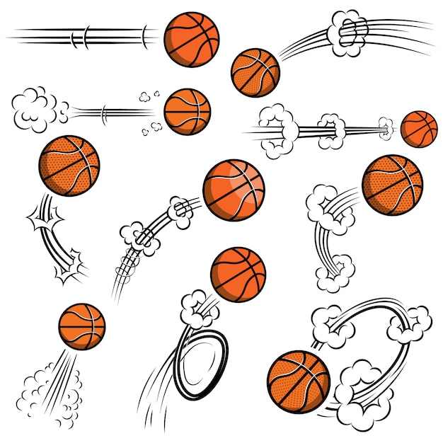 Vektor satz basketballbälle mit bewegungsspuren im comic-stil. element für plakat, banner, flyer, karte. illustration