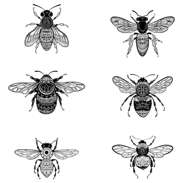 Vektor satz bienen im zentangle-stil. sammlung von fliegen mit ornamenten.