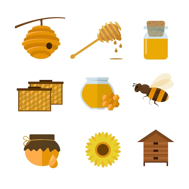 Satz Bienenhonigbeschriftung und andere Imkereiillustration