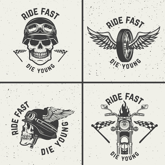 Satz Biker-Embleme. Racer Schädel, geflügelte Räder. Elemente für Logo, Etikett, Emblem, Zeichen. Illustration