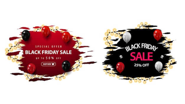 Satz black friday rabatt-banner mit zerlumpten formen mit girlande umwickelt. rote und schwarze rabattbanner isoliert