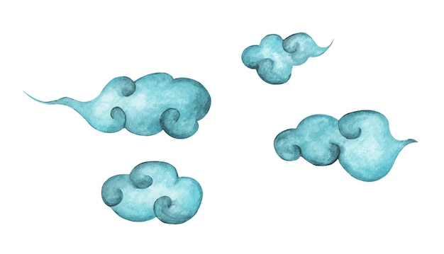 Satz blaue karikaturwolken - hand gezeichnete aquarellillustration.