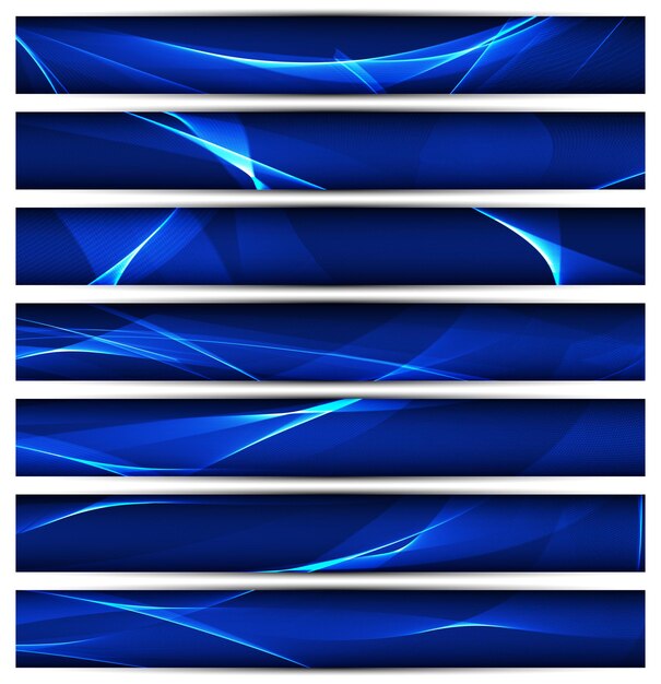 Satz blaue Vektorfahnenschablone oder Website-Header mit abstraktem wellenförmigem Hintergrund