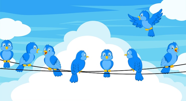 Vektor satz blaue vogelkarikatur, die auf drähten sitzt