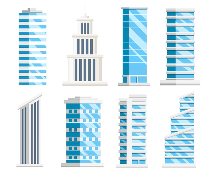 Vektor satz blaue wolkenkratzer. sammlung von geschäftsgebäuden. stadtelemente. illustration auf weißem hintergrund