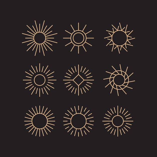 Satz böhmischer Logoelemente mit goldener Sonne, isoliert auf schwarzem Hintergrund, Sonnenuntergang, Sonnenaufgang im Umriss