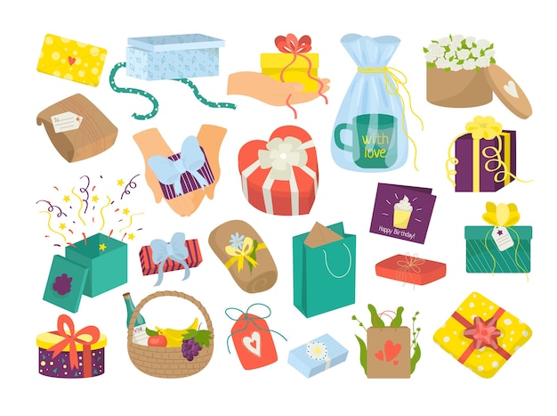 Satz bunte Geschenkboxen mit Schleifen und Bändern lokalisiert auf Weiß. Die Geschenke