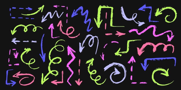 Satz bunte hand gezeichnete gekritzelpfeil-vektorikonen eingestellt. skizzenpfeildesign für geschäftsplan
