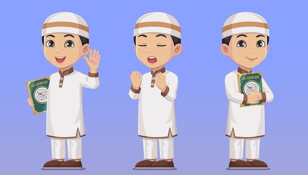 Vektor satz charakter moslemischer junge, der heiligen koran hält und betet