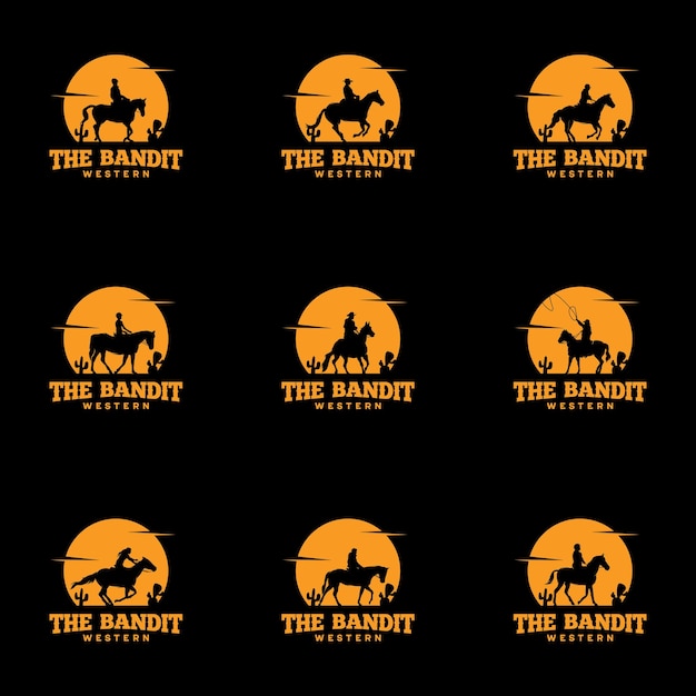 Vektor satz cowboy-reitpferd-silhouette bei nacht-logo