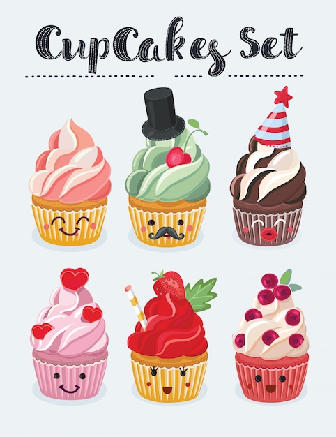 Satz cupcake-emojis-symbole. verschiedene gefühle lächelnde gesichter, illustration