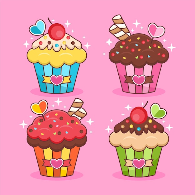 Satz cupcake-karikaturillustration